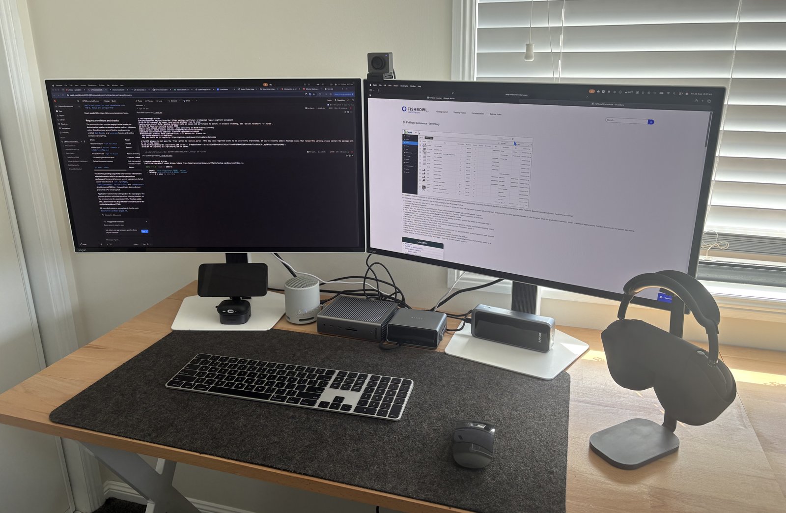 Dylan Hopp's desk with two monitors, one showing a Replit console and the other the Fishbowl inventory help site.